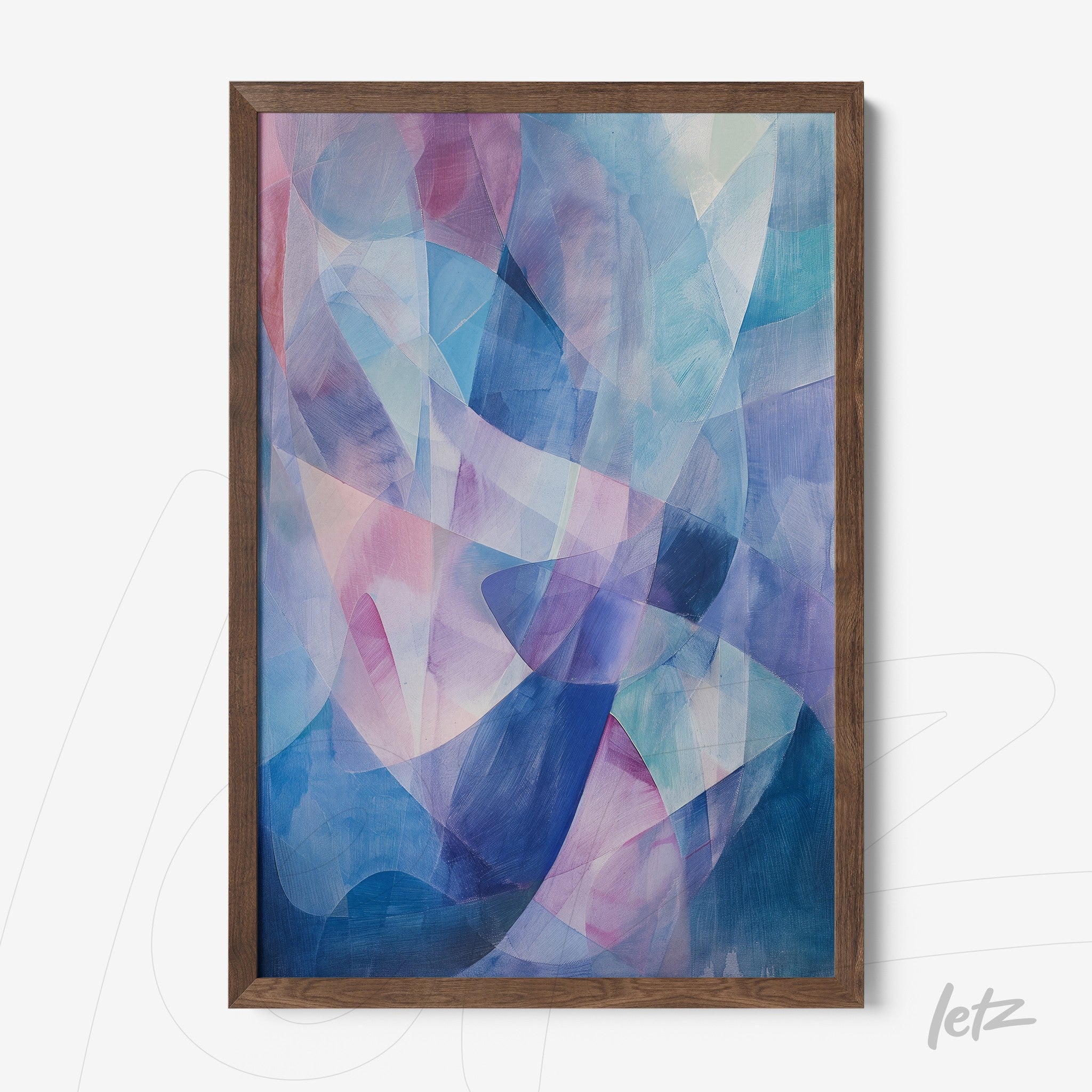 quadro com arte abstrata em tons de azul e rosa, moldura de madeira escura
