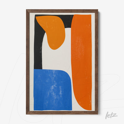 quadro com arte abstrata em cores vibrantes, destacando formas em laranja, preto e azul com moldura de madeira escura