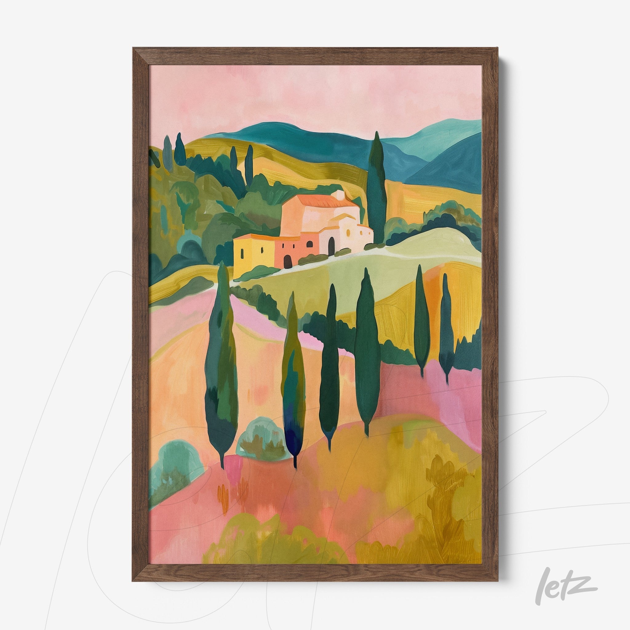 quadro com paisagem campestre em estilo moderno, com casas em tons pastel e ciprestes altos, moldura de madeira escura