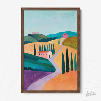 quadro com paisagem rural colorida de colinas, botânicos e casas em moldura de madeira escura