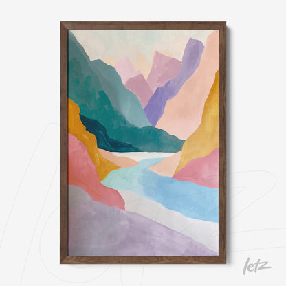 quadro com arte abstrata de paisagem montanhosa em moldura de madeira escura