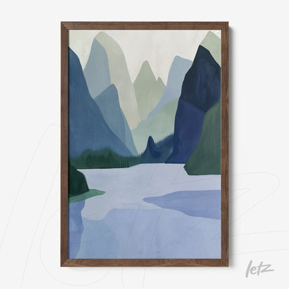quadro com arte abstrata de paisagem montanhosa em moldura de madeira escura