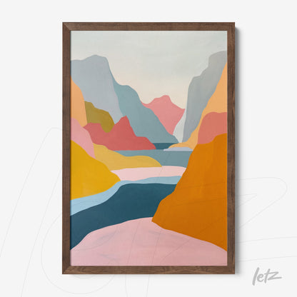 quadro com arte abstrata em cores pastel que retrata uma paisagem montanhosa com lago, emoldurado com moldura de madeira escura