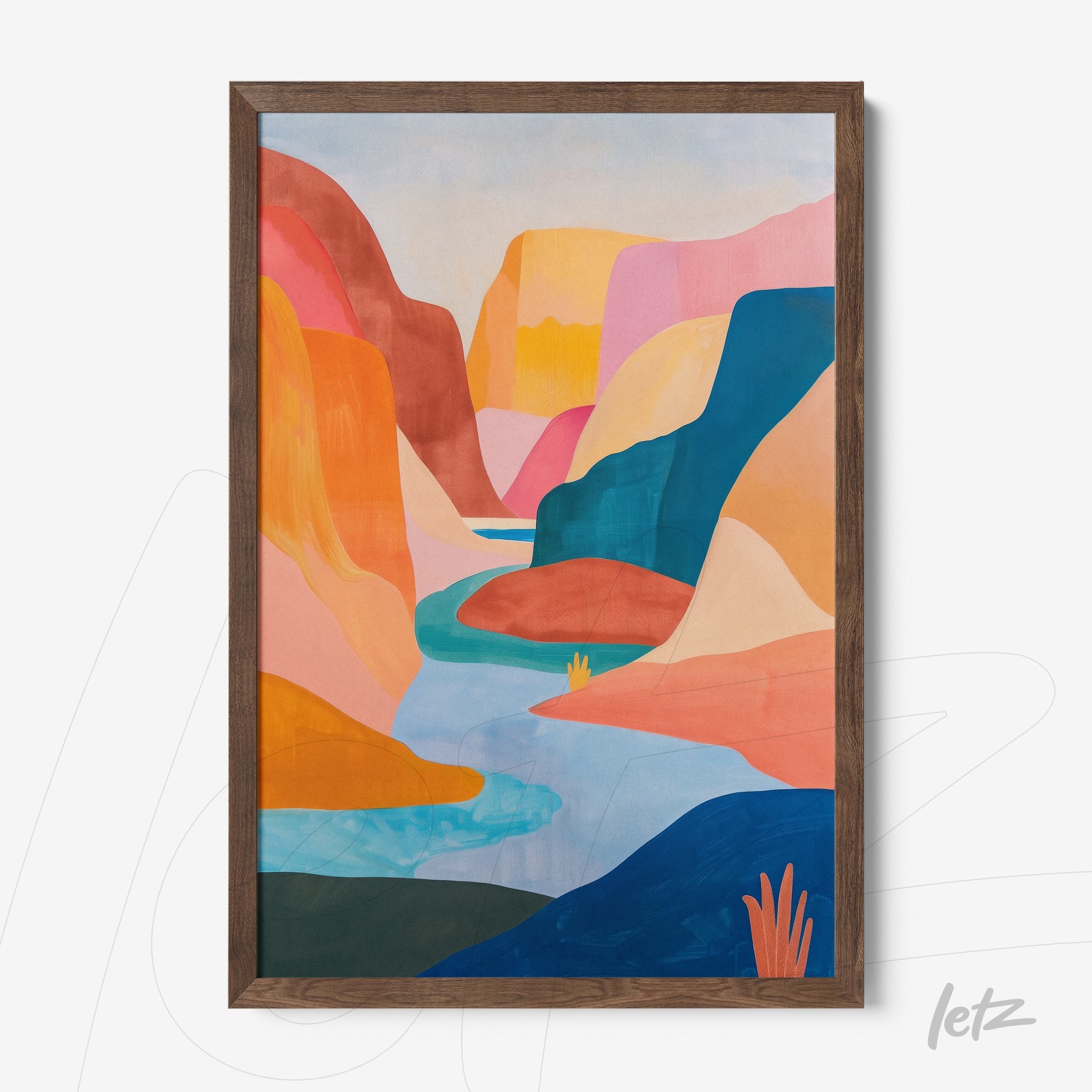 quadro com arte abstrata de paisagem montanhosa em moldura de madeira escura