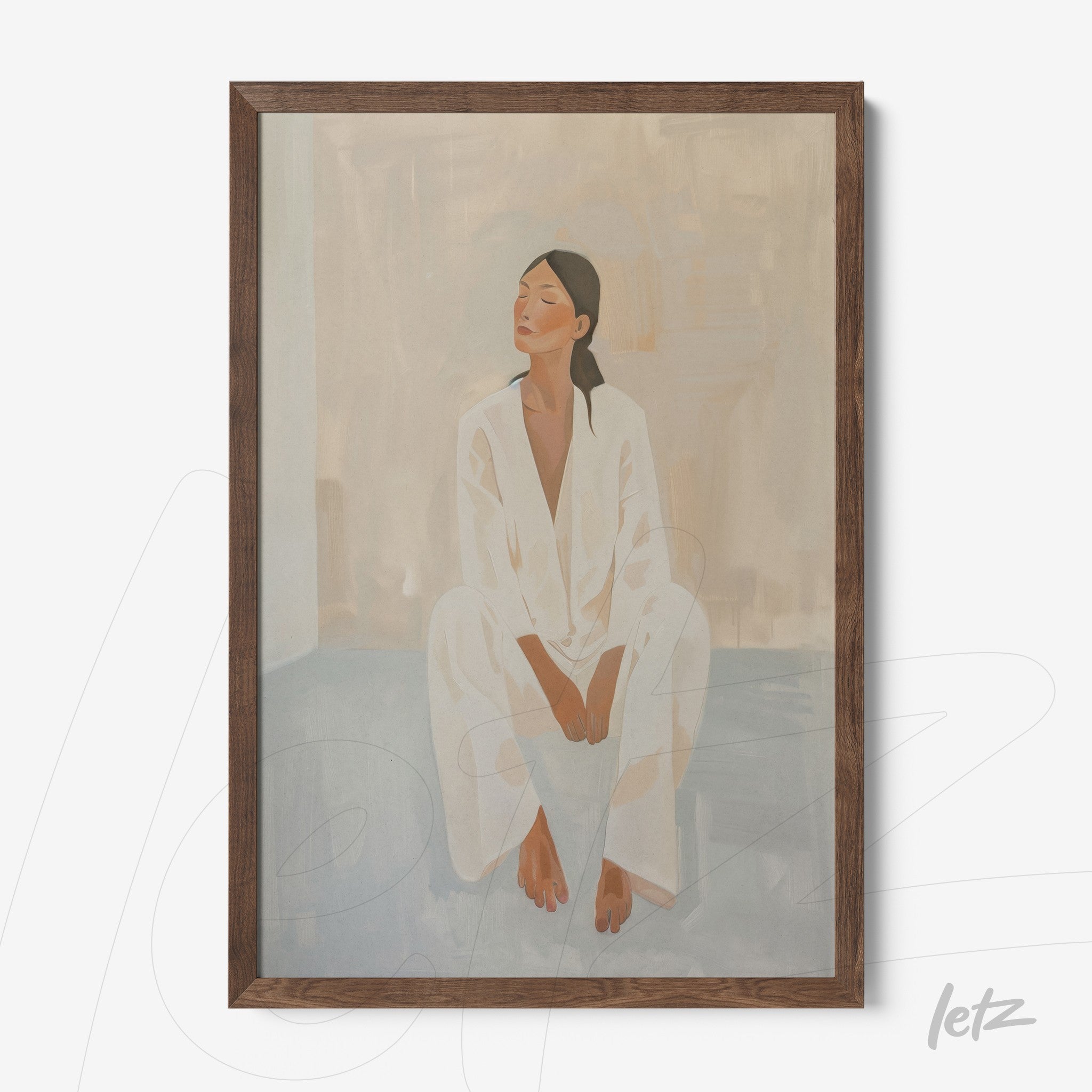 quadro com ilustração de mulher sentada vestindo pijama branco em moldura de madeira escura