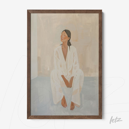 quadro com ilustração de mulher sentada vestindo pijama branco em moldura de madeira escura