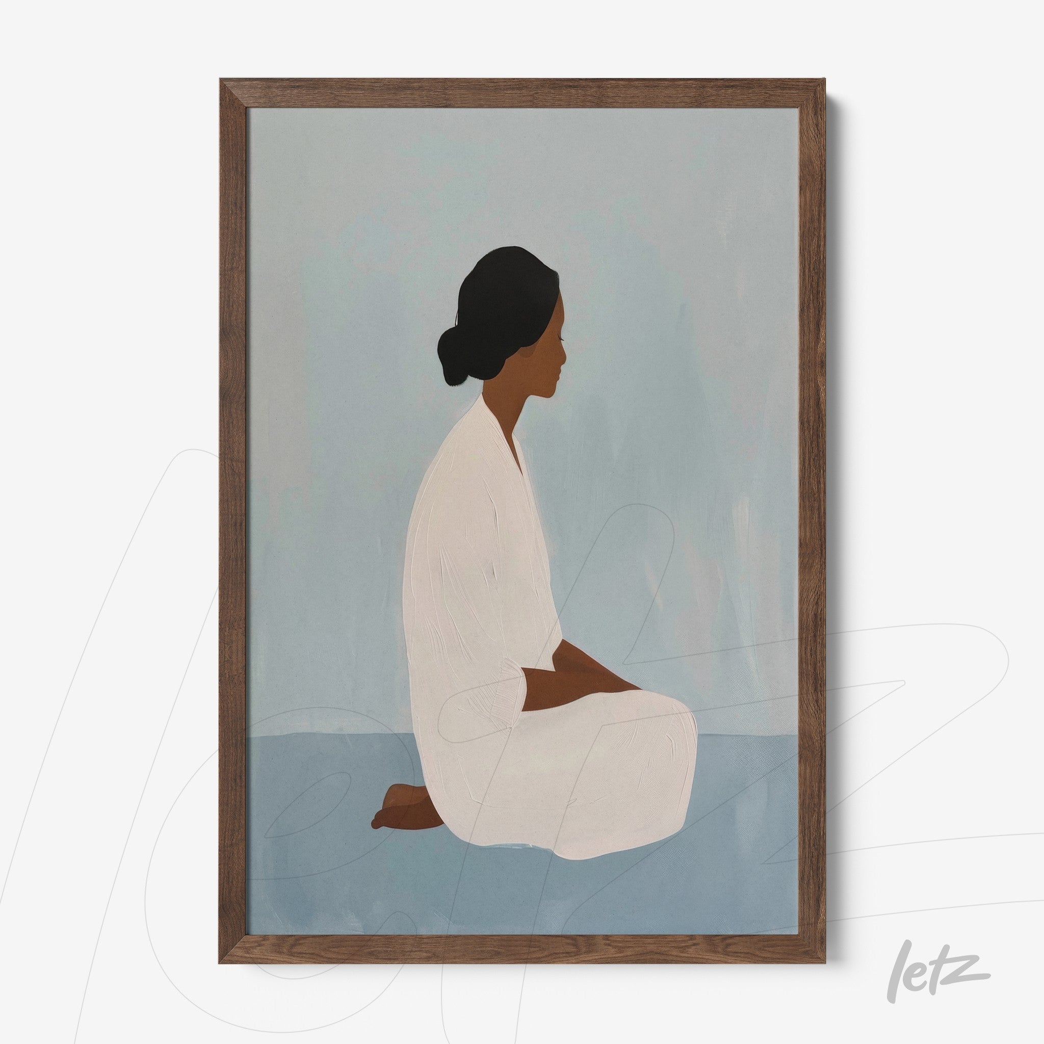 quadro com arte minimalista de mulher sentada em posição de meditação, com fundo azul claro e moldura de madeira escura