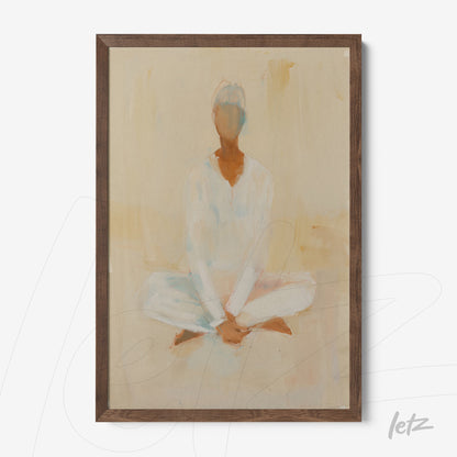 quadro com arte abstrata de figura meditando em moldura de madeira escura