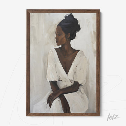 quadro com retrato de mulher com vestido branco em moldura de madeira escura