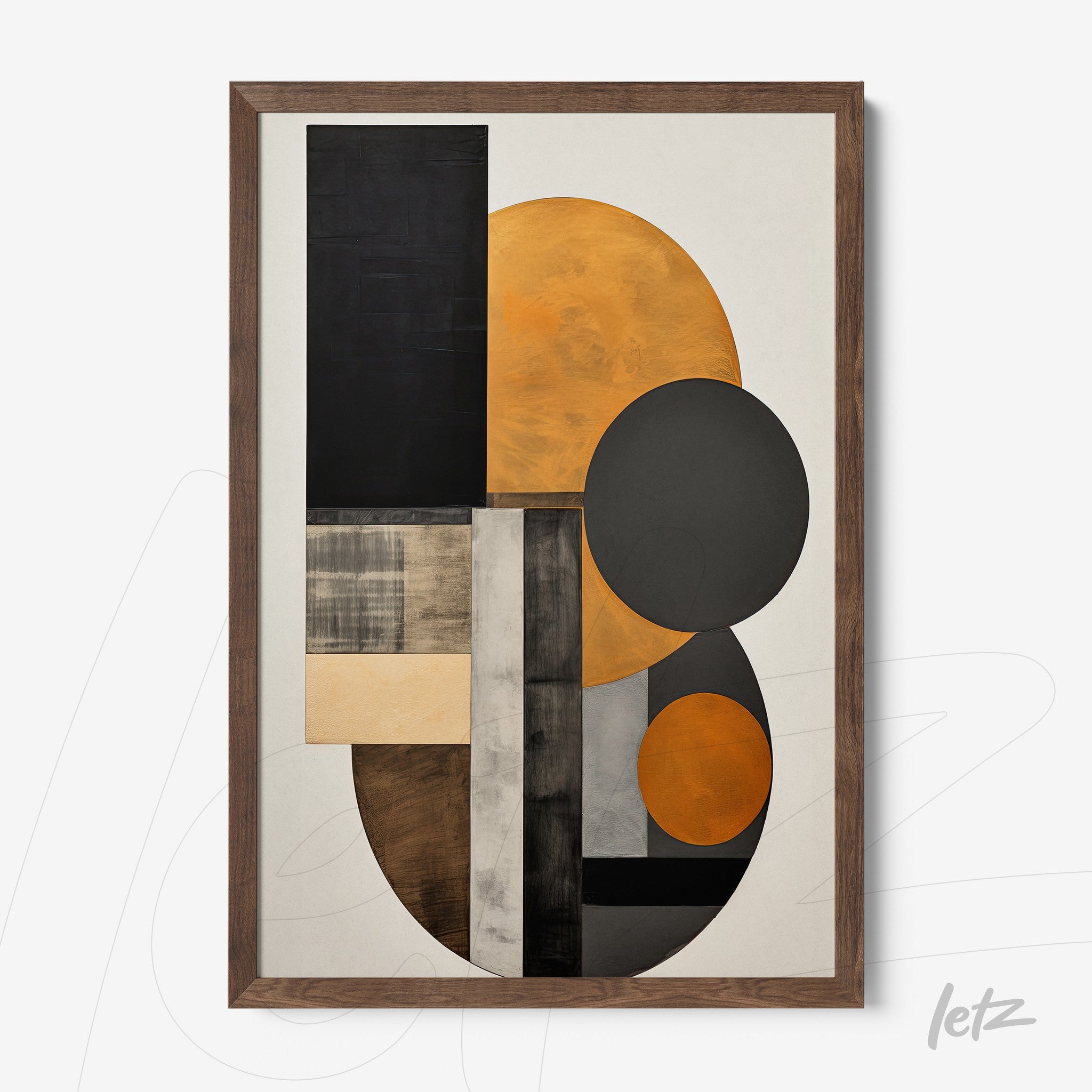 quadro com arte geométrica em tons de preto, laranja e beige, moldurado em madeira escura