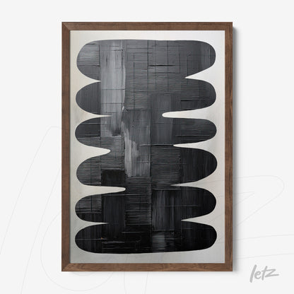 quadro com arte abstrata em tons de preto com formas orgânicas em moldura de madeira clara