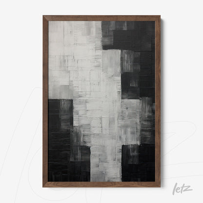 quadro em canvas com arte abstrata em preto, branco e cinza, moldura de madeira escura