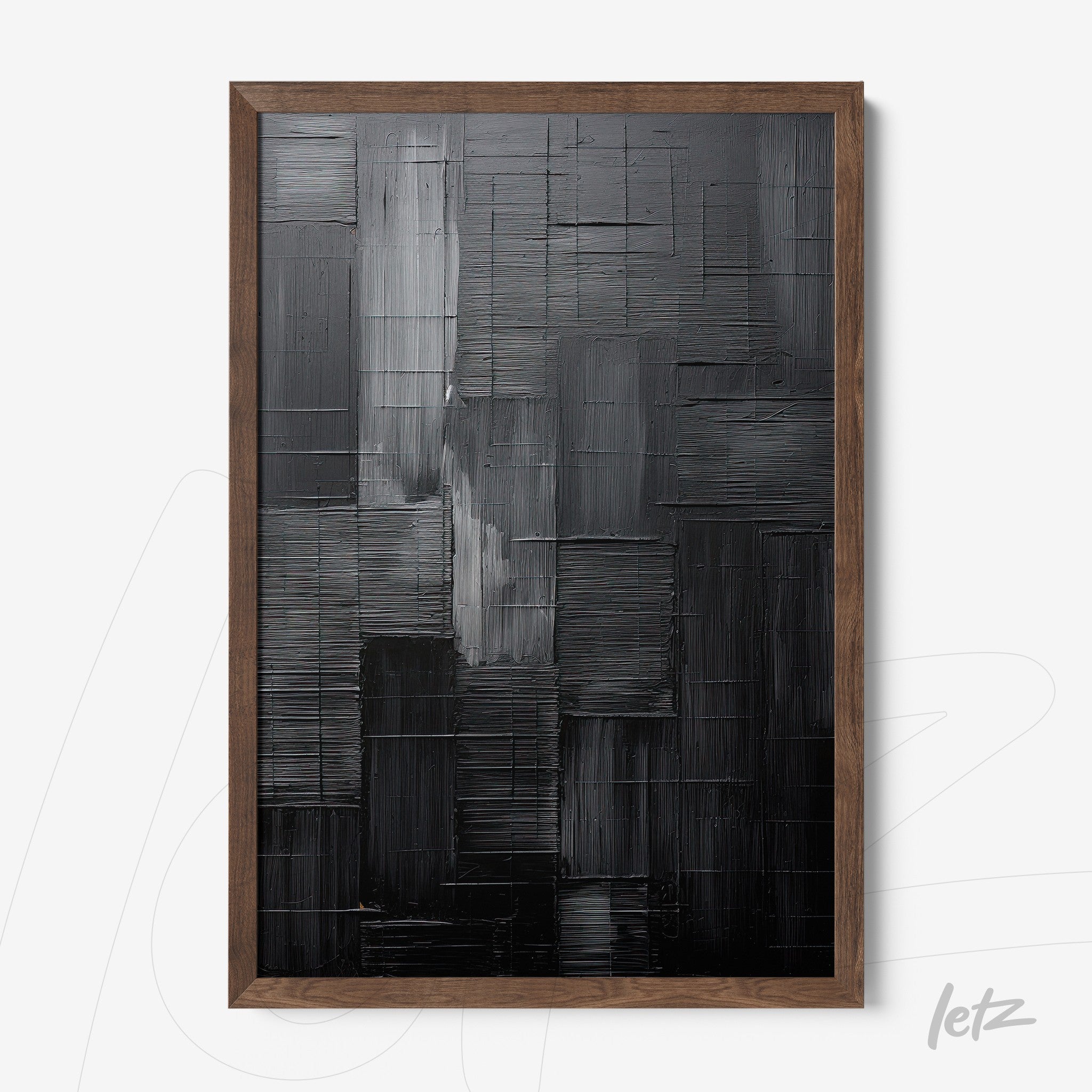 quadro com arte abstrata monocromática em tons de preto e cinza, em moldura de madeira escura