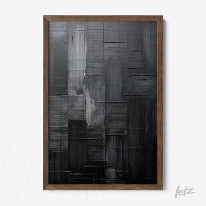quadro com arte abstrata monocromática em tons de preto e cinza, em moldura de madeira escura