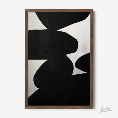 quadro moderno com formas abstratas em preto e branco em moldura de madeira escura