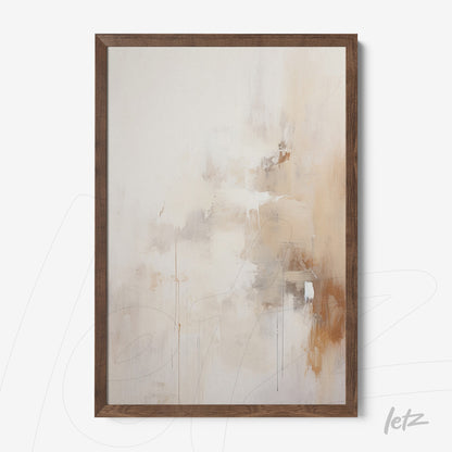 quadro abstracto em tons de bege e marrom claro, com moldura de madeira escura