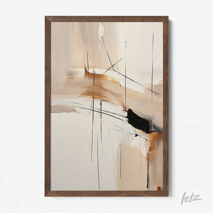 quadro com arte abstrata em moldura de madeira escura, apresentando linhas pretas sobre um fundo claro com toques de marrom