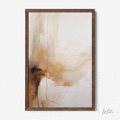 quadro com arte abstrata em tons de bege e marrom com moldura de madeira escura
