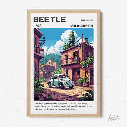 quadro com arte de estilo pixelado do carro Volkswagen Beetle 1963 em moldura clara com fundo de casas coloridas