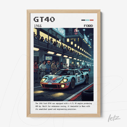 quadro com arte retrô de um carro Ford GT40 em uma corrida noturna com detalhes da pista e espectadores ao fundo
