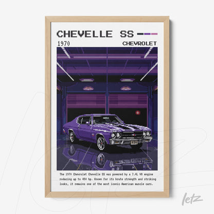 quadro com arte digital de um Chevrolet Chevelle SS 1970 em estilo retrô, moldura de madeira clara e fundo de garagem escura