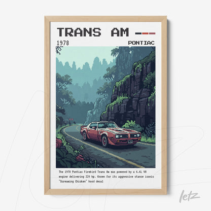 quadro em moldura clara apresentando ilustração vintage do carro Trans Am 1978 em uma estrada com árvores ao fundo