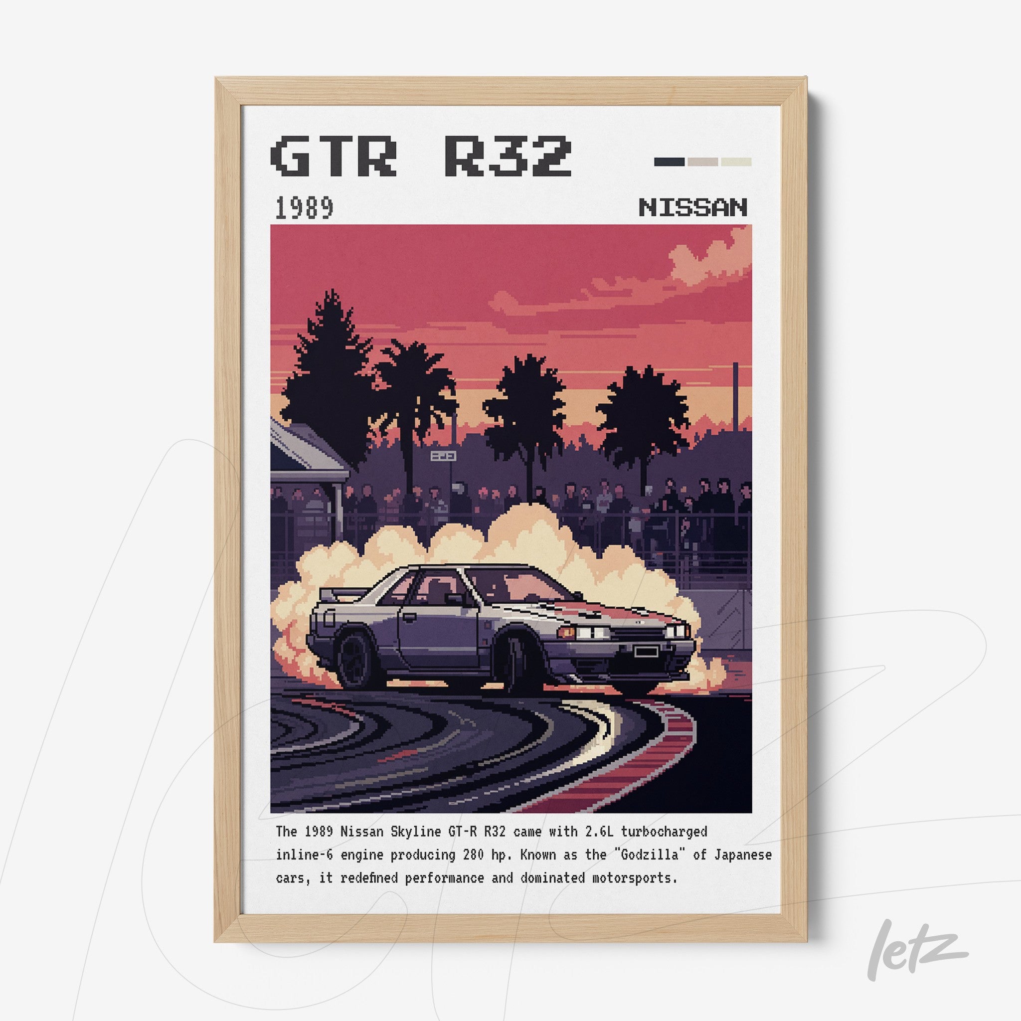 quadro com arte digital de um carro Nissan Skyline GT-R R32 em meio a uma manobra de drift, com fundo de palmeiras e céu colorido ao pôr do sol, moldura clara de madeira