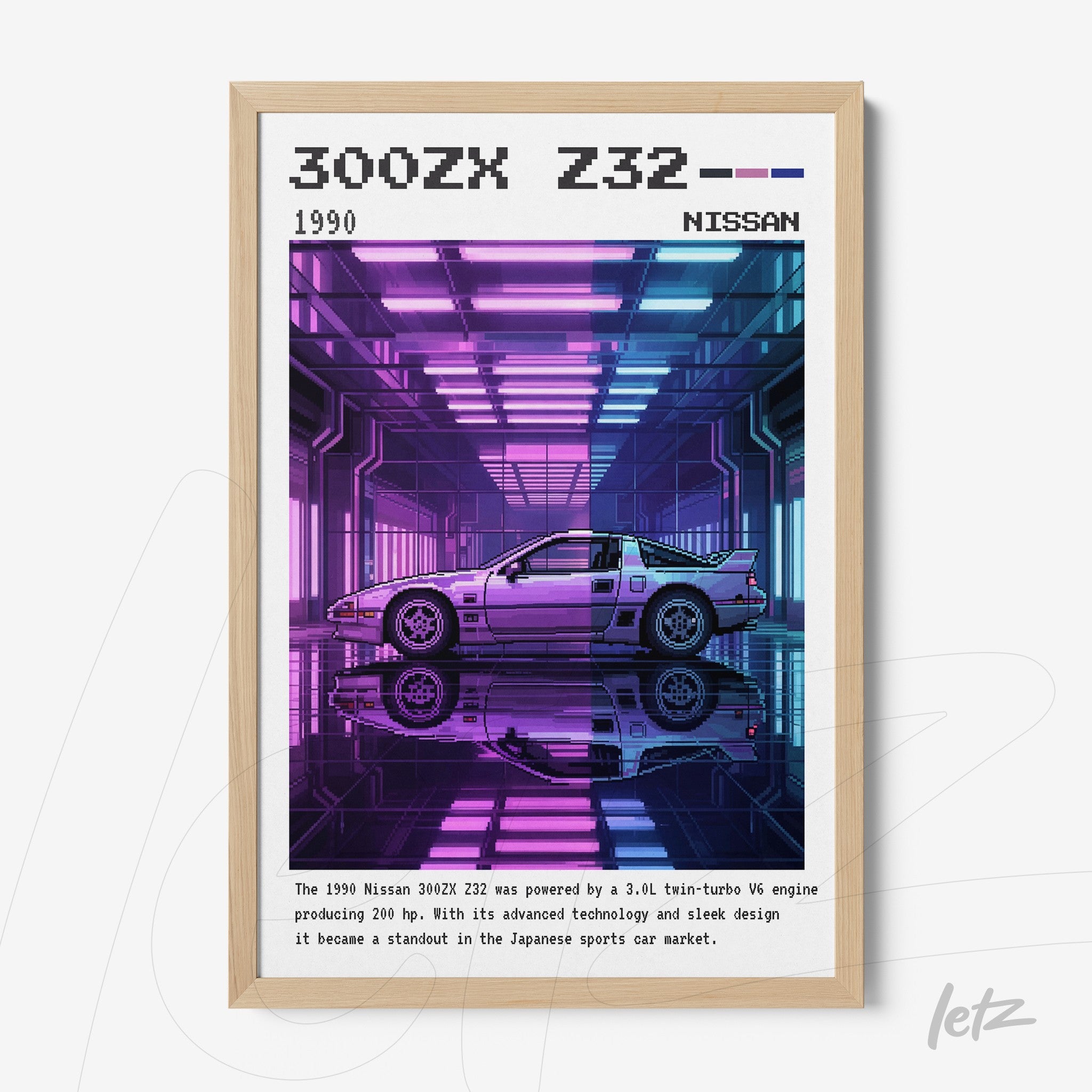 quadro com arte digital do carro Nissan 300ZX Z32 em moldura de madeira clara, fundo colorido com luzes neon em tons de roxo e azul