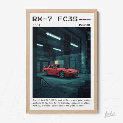 quadro com arte digital de um Mazda RX-7 FC3S vermelho em uma oficina escura, com moldura de madeira clara