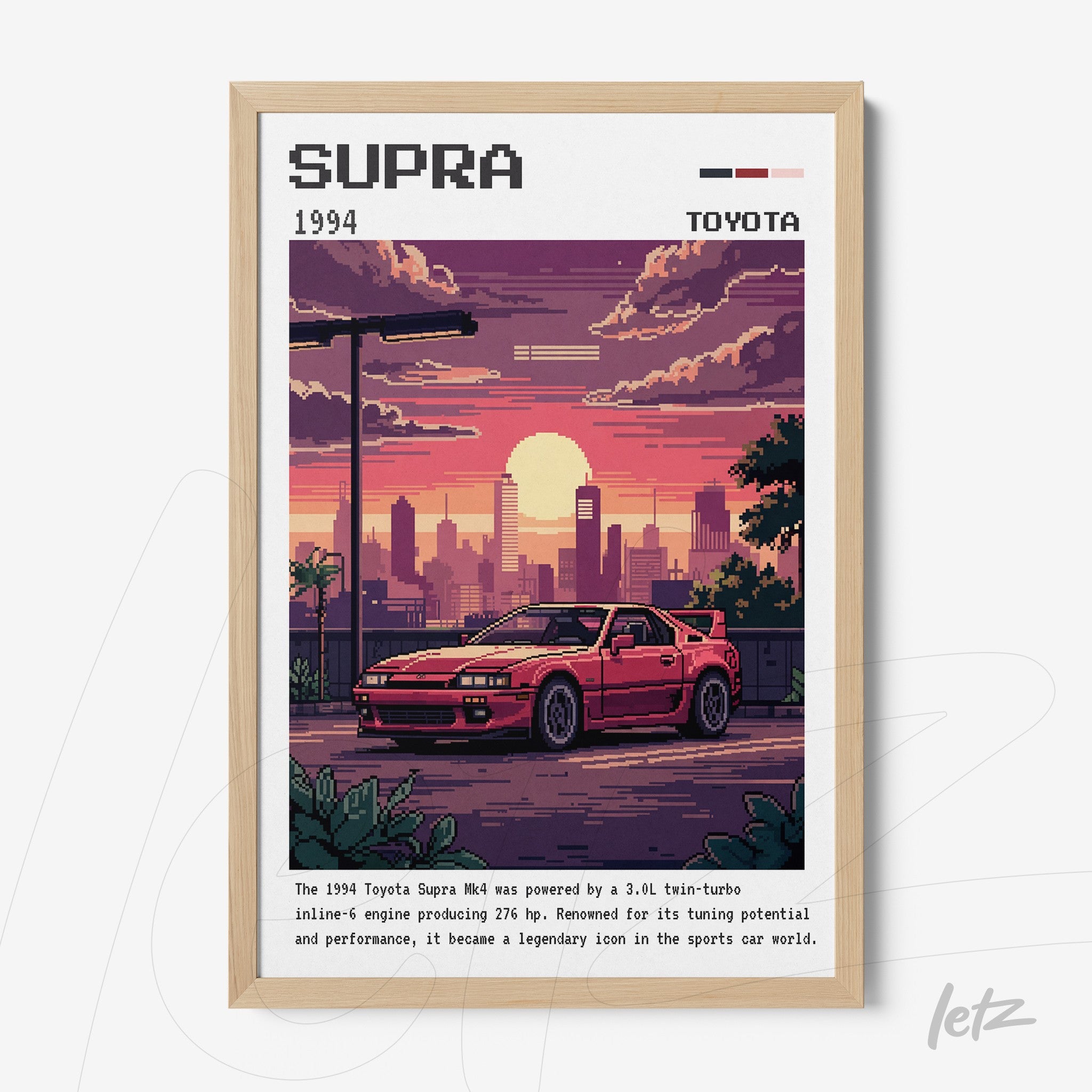 quadro retrô de carro esportivo Toyota Supra 1994 em moldura de madeira clara com fundo de pôr do sol