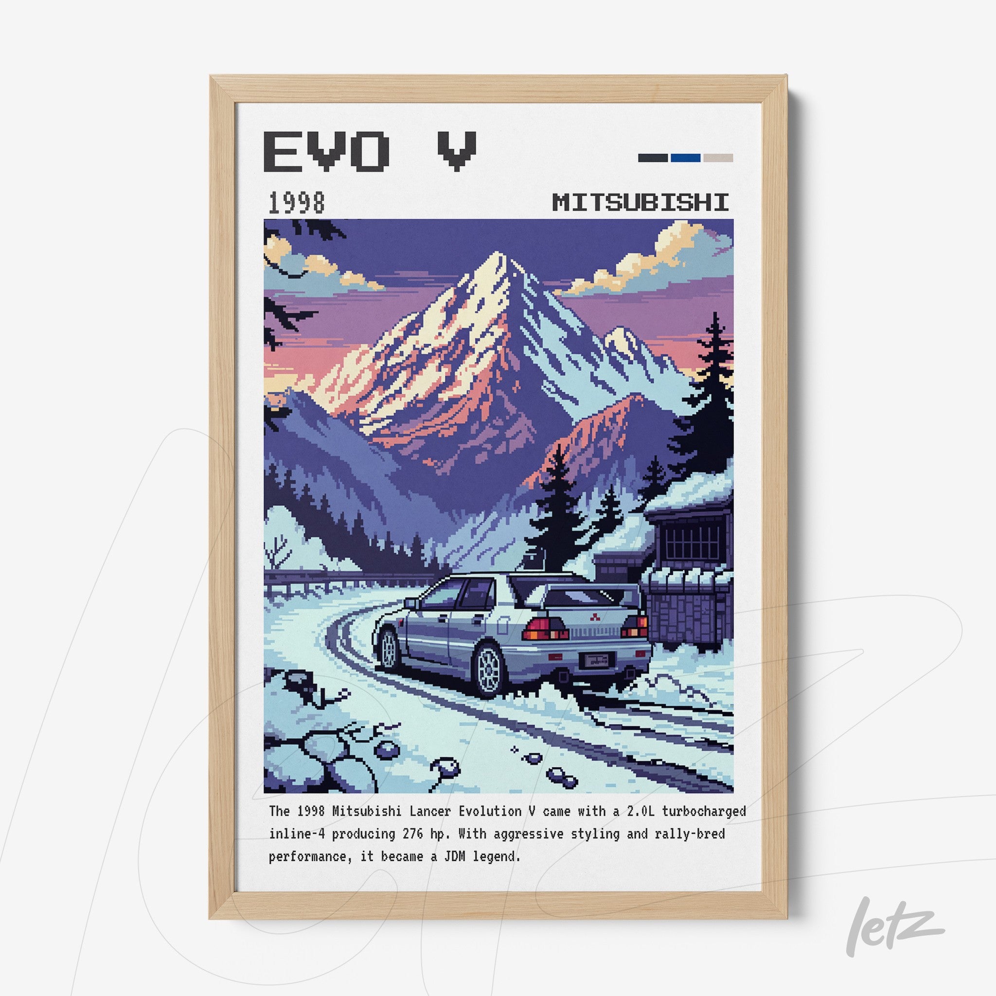 quadro com arte digital do carro Mitsubishi Lancer Evolution V em estilo pixel art, montanha ao fundo e cenário de neve