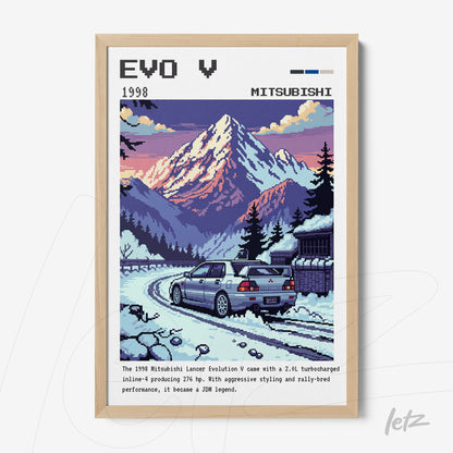 quadro com arte digital do carro Mitsubishi Lancer Evolution V em estilo pixel art, montanha ao fundo e cenário de neve