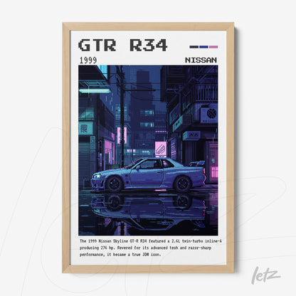 quadro em moldura clara com arte digital do carro Nissan Skyline GT-R R34 em cenário urbano noturno