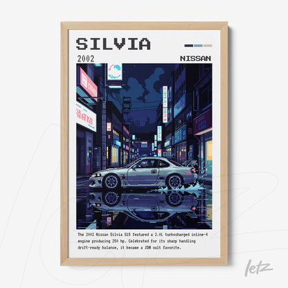 quadro com ilustração digital do carro Nissan Silvia 2002, moldura de madeira clara e fundo noturno com ruas iluminadas