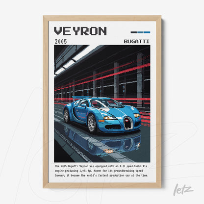 quadro com arte digital de um Bugatti Veyron em um fundo urbano com traços de velocidade, moldura de madeira clara