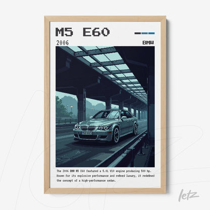 quadro com arte pixelada de um carro BMW M5 E60 sob uma ponte, moldura clara