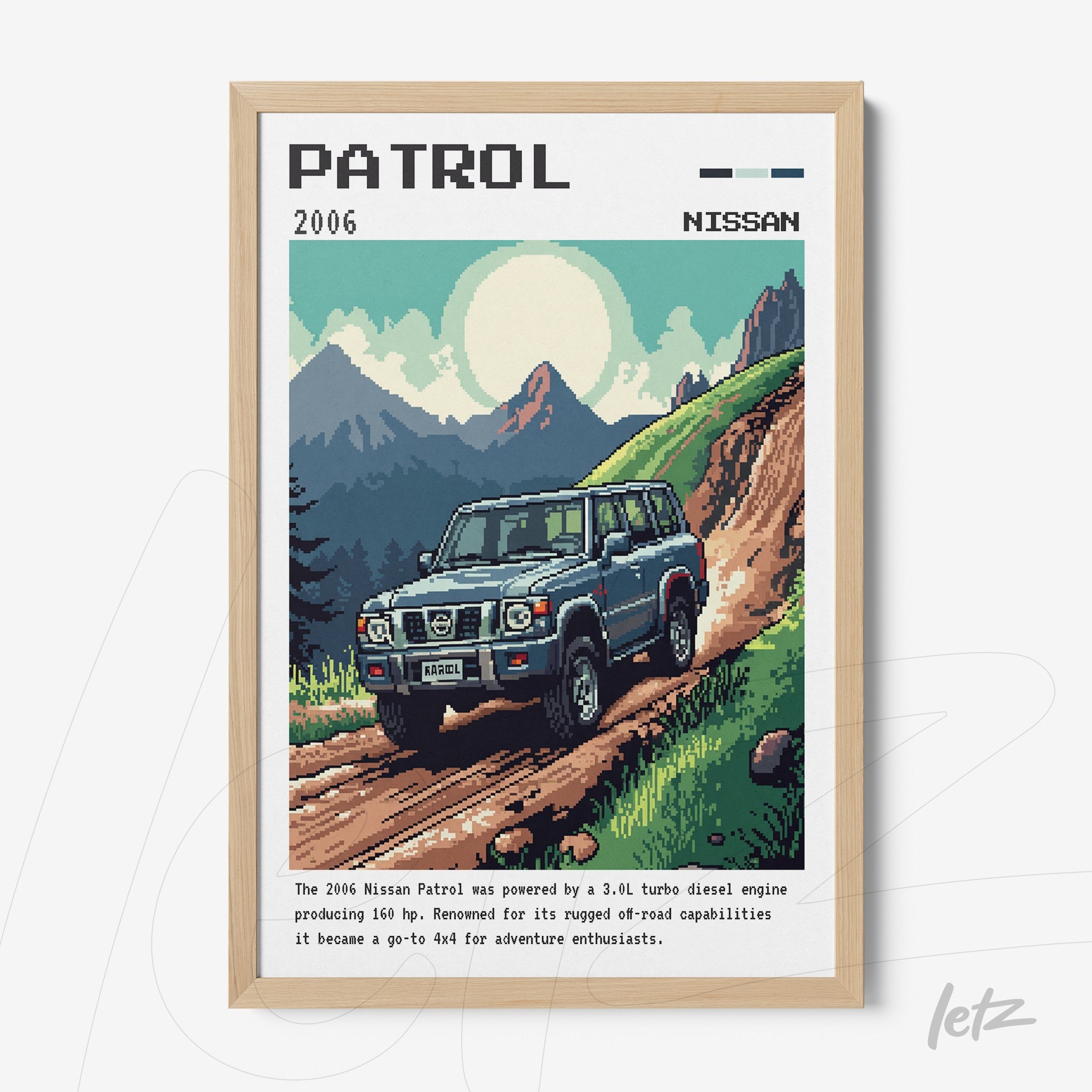 quadro com arte pixelada de um carro Nissan Patrol azul em uma estrada de montanha, moldura de madeira clara