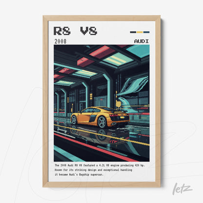 quadro com arte digital de um carro Audi R8 V8 em ambiente futurista com moldura de madeira clara