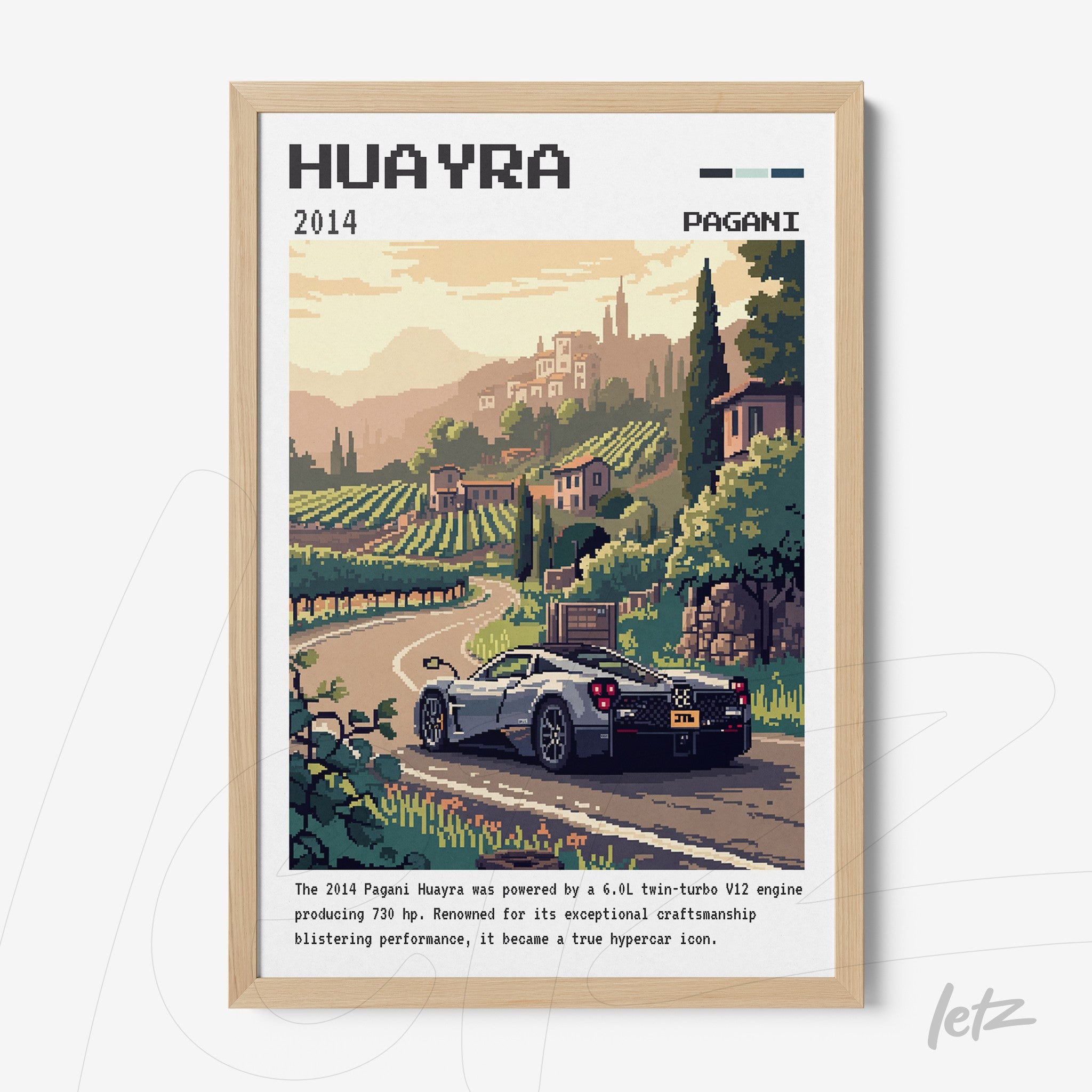 quadro com arte pixelada de um carro Pagani Huayra em uma paisagem rural, moldura de madeira clara