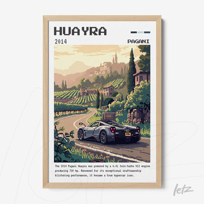 quadro com arte pixelada de um carro Pagani Huayra em uma paisagem rural, moldura de madeira clara