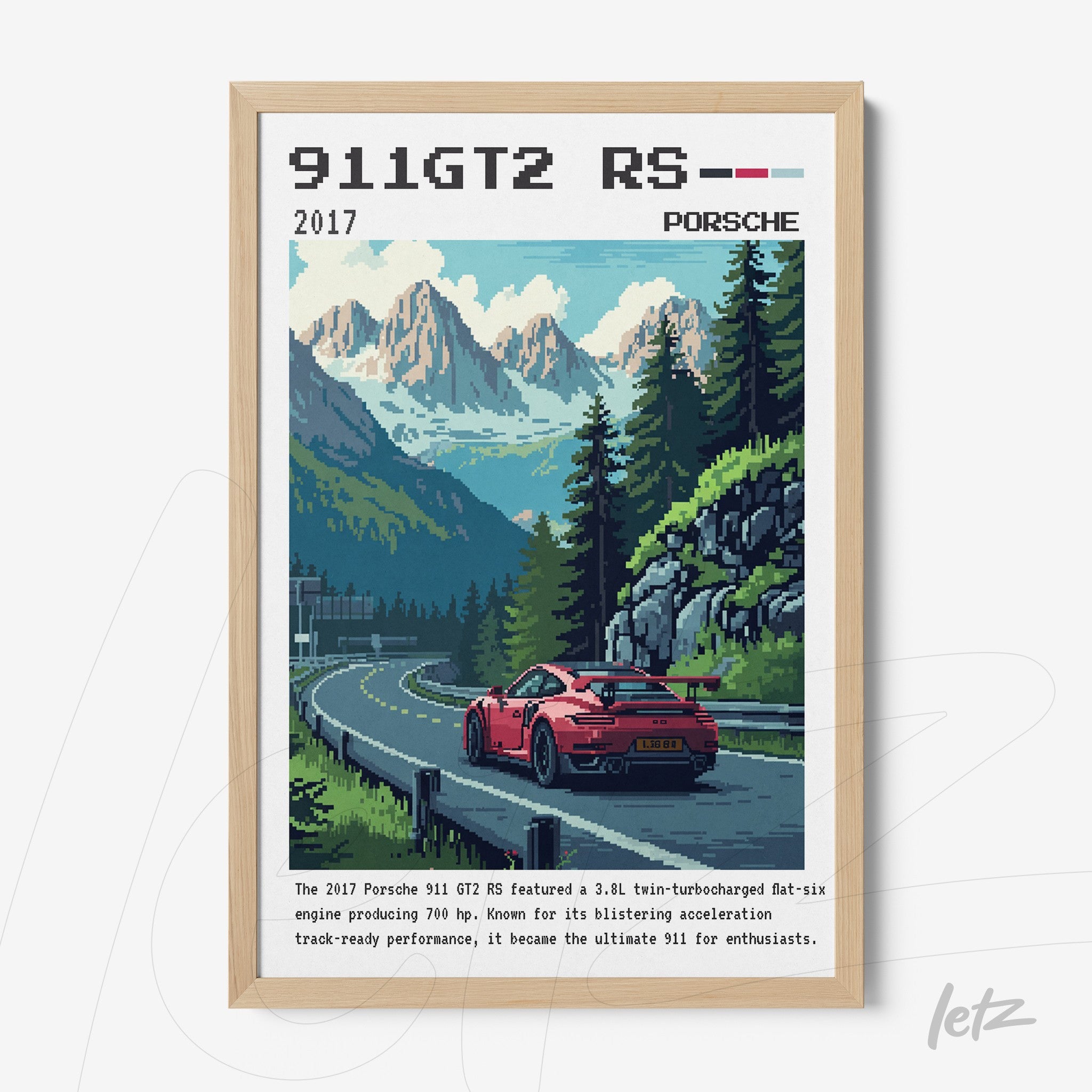quadro em estilo pixel art com um carro Porsche 911 GT2 RS vermelho em uma estrada montanhosa, moldura de madeira clara e fundo de montanhas verdes