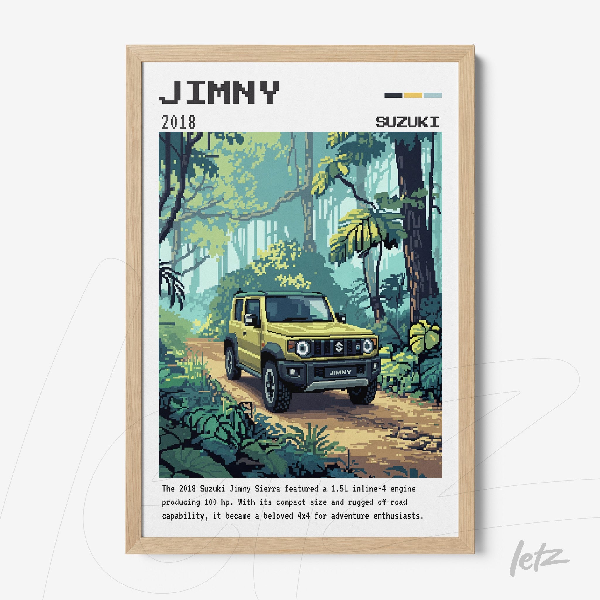 quadro com arte pixelada do SUV amarelo Jimny em estrada de terra com vegetação ao fundo e moldura clara