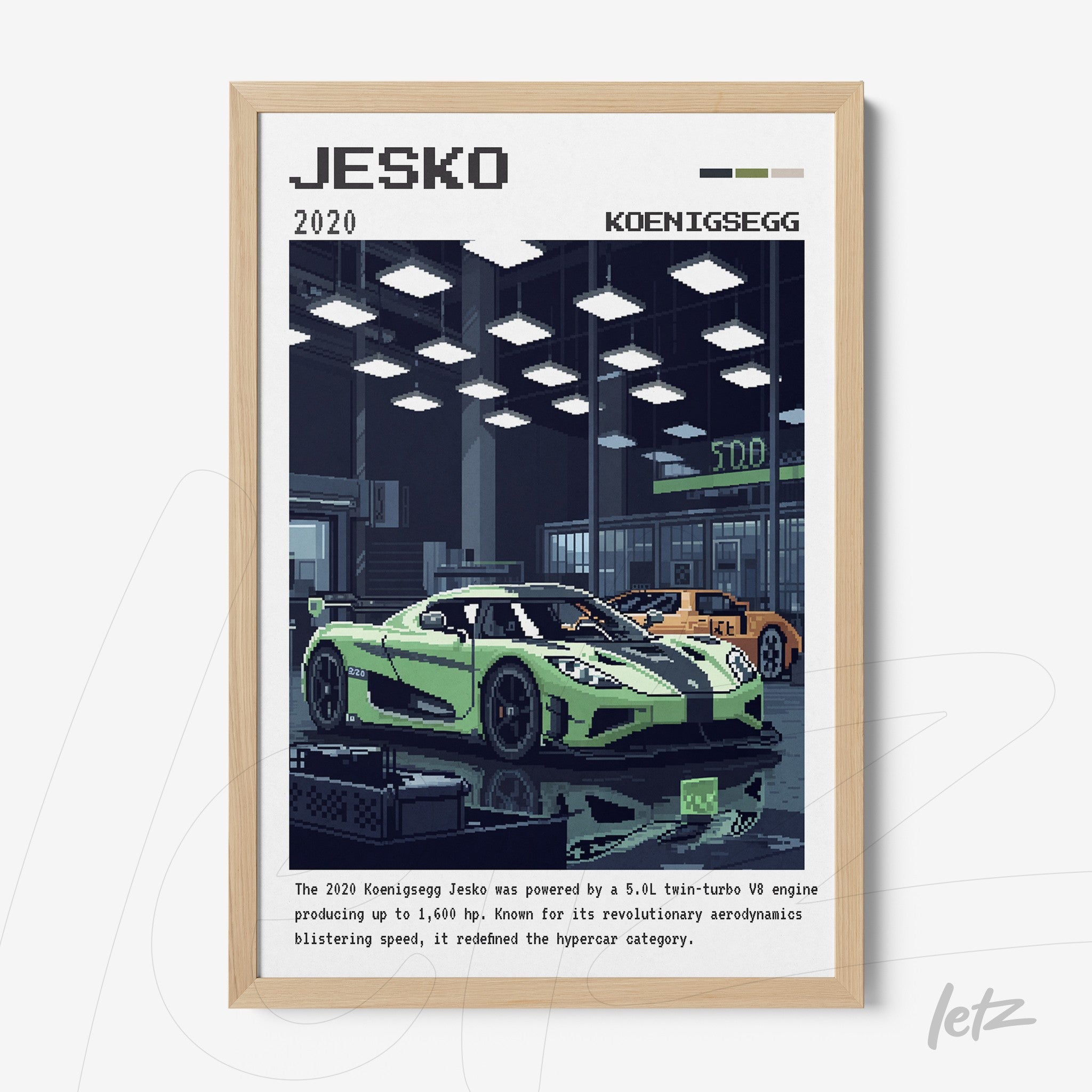 quadro em estilo retro com ilustração do carro esportivo Koenigsegg Jesko em moldura de madeira clara