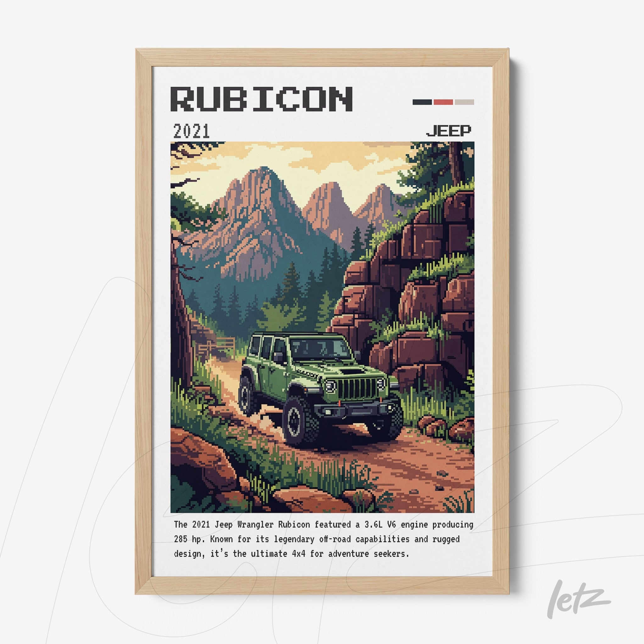 quadro com arte no estilo retrô de um carro Jeep Wrangler Rubicon em uma estrada montanhosa com montanhas ao fundo, moldura de madeira clara
