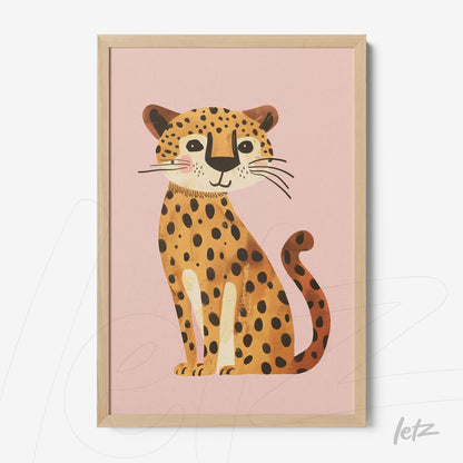 quadro com ilustração de um Leopardo estilizado em fundo rosa, moldura de madeira clara