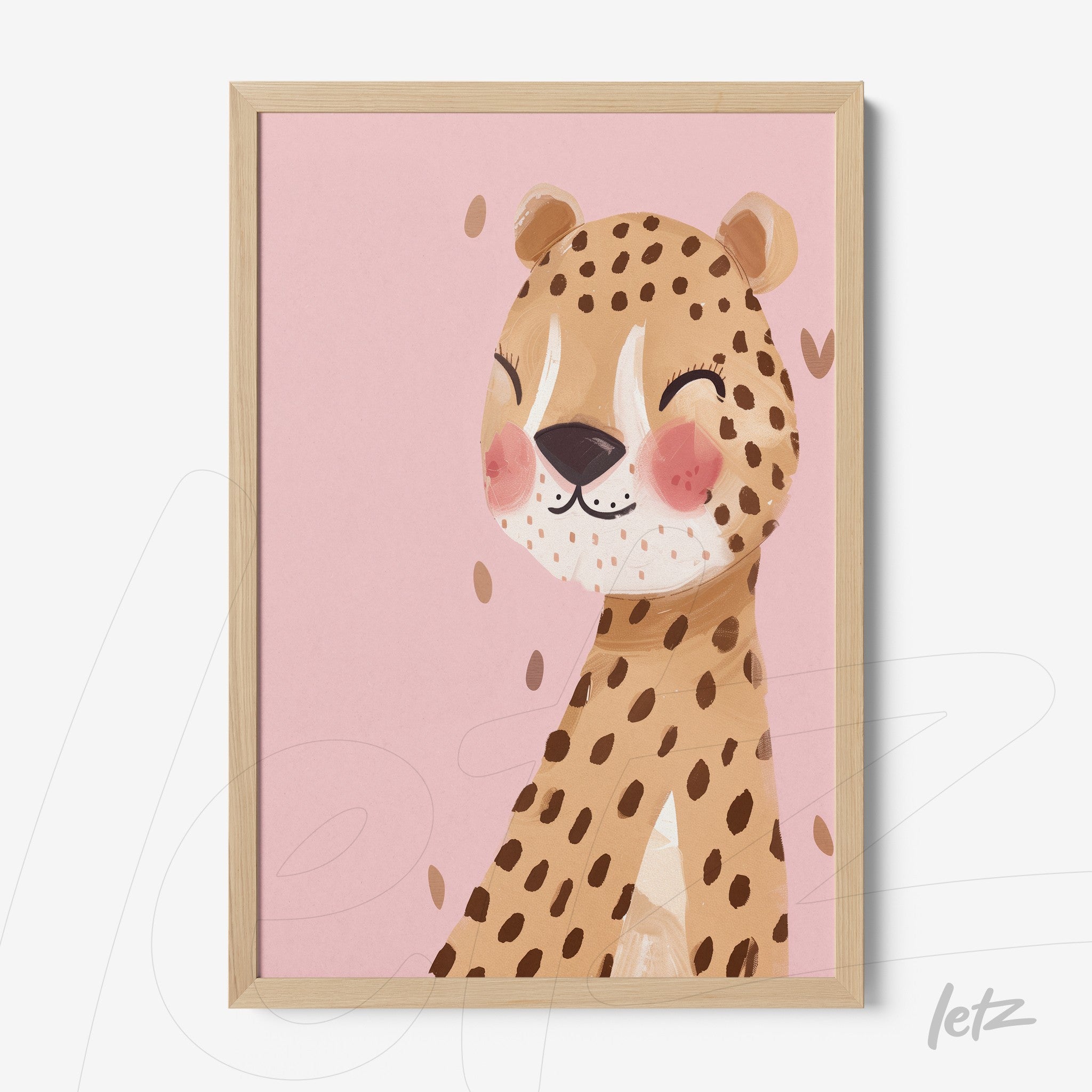 quadro com arte ilustrativa de um leopardo sorridente em fundo rosa e moldura de madeira clara
