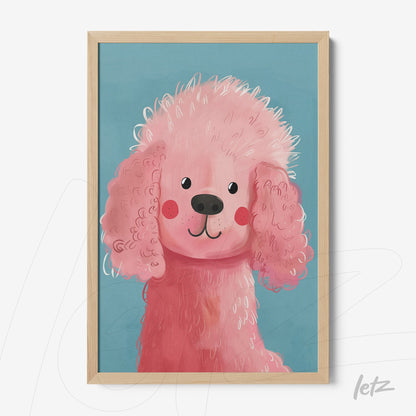 quadro com ilustração de um poodle rosa sobre fundo azul em moldura de madeira clara
