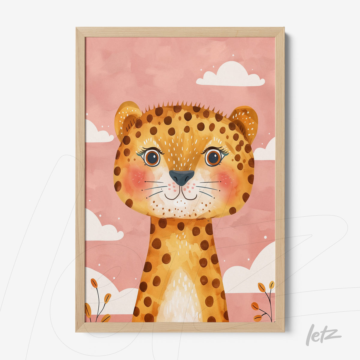 quadro com ilustração de leopardo estilizado em fundo rosa com nuvens brancas, moldura de madeira clara