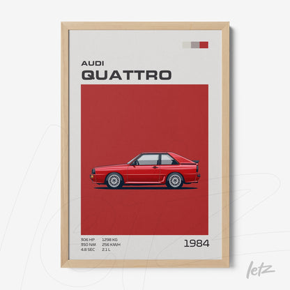 quadro com ilustração do carro Audi Quattro vermelho em fundo vermelho, com moldura de madeira clara e detalhes gráficos em texto ao fundo