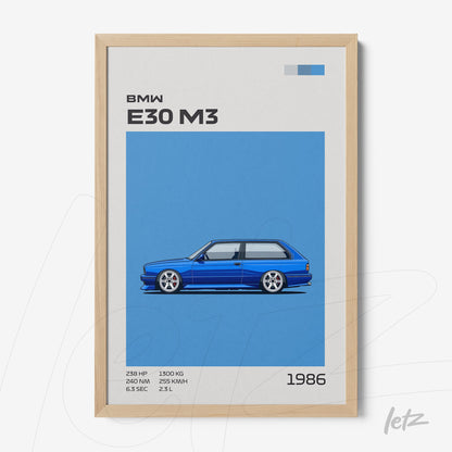 quadro com arte digital de um BMW E30 M3 na cor azul sobre um fundo azul, moldura de madeira clara